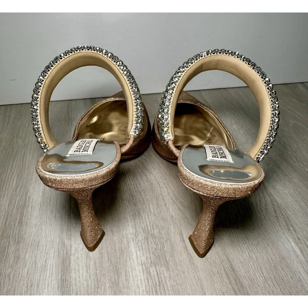 Badgley Mischka Nori Mules Women 8 Rose Gold Excellent Crystal Glitter Heels